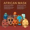African mask vector illustration, cartoon flat warrior wooden masks with voodoo horror human faces, afro old totem for