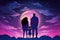 African Mother Father And Son Stand In A Holographic Puffer On The Big Moon Background