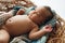 African newborn kid lying in wicker cradle