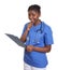 African nurse with clipboard looking at camera