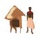 African people vector illustration. Black women in skirt and hut in Africa, poverty in world. Manual labor, agriculture