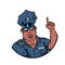 African police officer index finger up