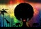 African safari animal silhouette landscape scene and portrait African woman in traditional hair curly. Tree of Life concept
