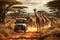 African safari car with tourists and giraffes at sunset, AI Generated