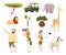 African safari. Wildlife animals travel car kenya jungle characters vector cartoon set