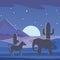 African savanna night landscape with silhouette of animals, vector poster. Elephants and zebra with cactuses. Dark blue