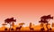 African savanna at sunset. Silhouettes of animals and plants.