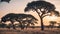 African savannah with acacia tree at sunset