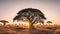 African savannah with acacia tree at sunset