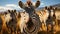 African savannah zebra herd grazing, nature striped beauty generated by AI
