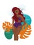 African shapely red-haired woman wearing violet swimsuit and sunglasses on abstract background with sea and monstera leaves