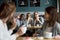 African smiling man waving hand greeting girls meeting in cafe