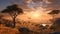 African Sunset Safari: Majestic Elephants Roaming Serene Savannah 3D Landscape.