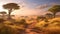 African Sunset Safari: Majestic Elephants Roaming Serene Savannah 3D Landscape.