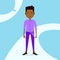 African teen boy character grieved hold phone male violet suit template for design work and animation on blue background
