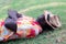 African traveler man lying sleep on the grass