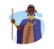 African tribal woman with long beads around her neck, long dress and cape, with traditional jewelry, stick, vector