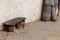 African village outdoor scene empty bench and pots