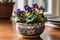 African Violet With Small, Colorful Blooms In A Vintage. Generative AI