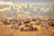 African wild zebras and wildebeest in the African savanna against a background of cumulus thunderclouds and the setting sun. Wild