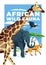 African wildlife poster with a large giraffe, elephant, hyena