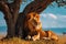 African wildlife scene Lion resting peacefully under a Serengeti tree