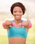 African woman, dumbbell and outdoor portrait with smile, exercise and commitment with self care, Girl, training and