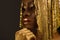 African woman with gold metallic make-up and full shiny lips looking away holding chin, close up