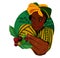 African woman harvests coffee from a branch. Coffee farm. A beautiful yellow turban and striped robe. Vector