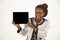 African Woman Holding a Blank black Sign