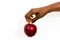 African woman holding delicious red apple by the stalk isolated on a white background