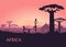African woman on Kenya sunset background. The landscape of Africa, baobabs and traditional huts