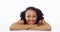 African woman lying on floor smiling