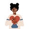 African woman with vitiligo. Self care and self love. World vitiligo day. Skin disease. Happy girl hugging heart. Vector