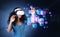 African woman in vr glasses, data blocks in cyberspace, metaverse