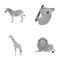 African zebra, animal koala, giraffe, wild predator, lion. Wild animals set collection icons in monochrome style vector