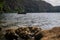 Africans in canoe on beautiful Chala lake, Kenya and Tanzania bo