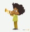 Afro American Boy in Green Shirt Play on Trumpet