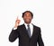 Afro-american businessman pointing upwards