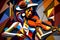 Afro-American female jazz musician violinist playing a violin or viola in an abstract cubist style painting