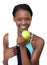 Afro-american fitness woman eating an apple