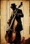 Afro-American male double bass musician playing music in an abstract vintage distressed style painting