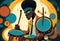 Afro-American male jazz drummer musician playing a drum kit in an abstract vintage distressed style painting