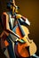Afro-American male jazz musician bassist playing a double bass in an abstract cubist style painting