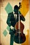 Afro-American male jazz musician bassist playing a double bass in an abstract geometric style painting