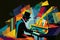 Afro-American male jazz musician pianist playing a piano in an abstract cubist style painting