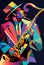 Afro-American male jazz musician saxophonist playing a saxophone in an abstract cubist style painting