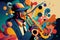 Afro-American male jazz musician saxophonist playing a saxophone in an abstract cubist style painting