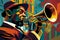 Afro-American male jazz musician trumpeter playing a brass trumpet in an abstract cubist style painting