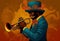 Afro-American male jazz musician trumpeter playing a brass trumpet in an abstract style painting